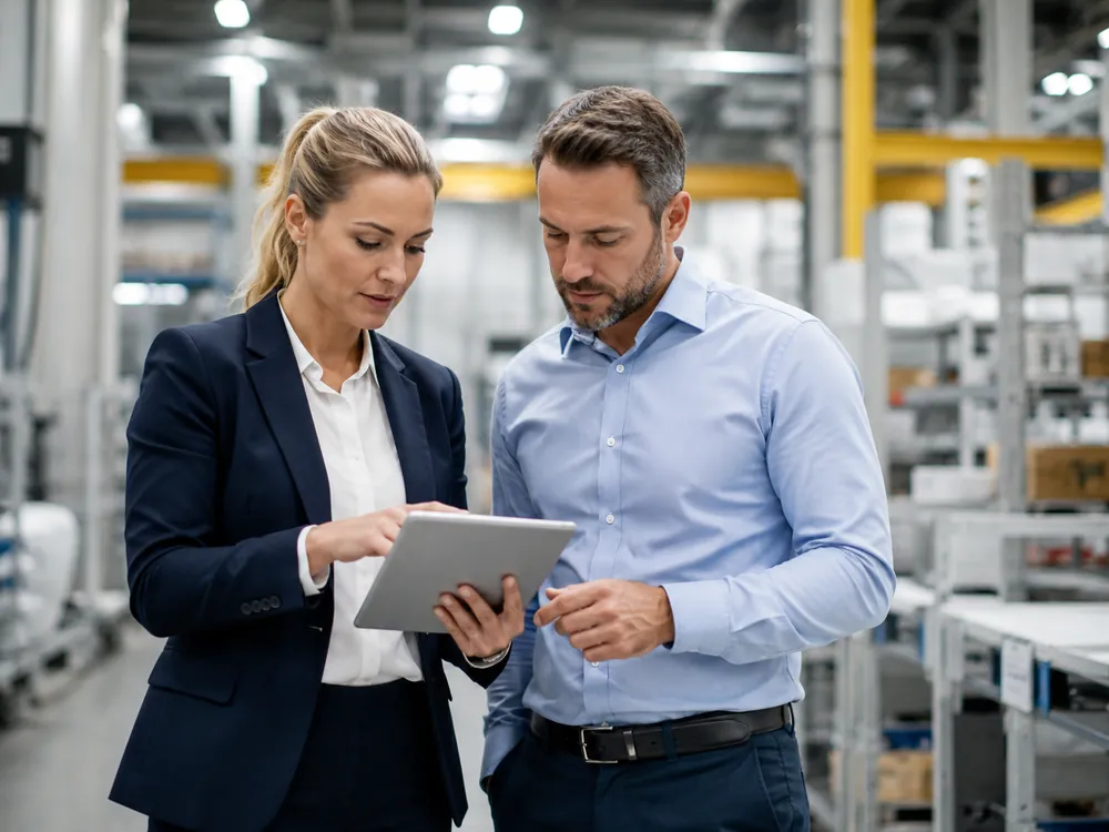 Een man en een vrouw bekijken samen een tablet in een fabriekshal