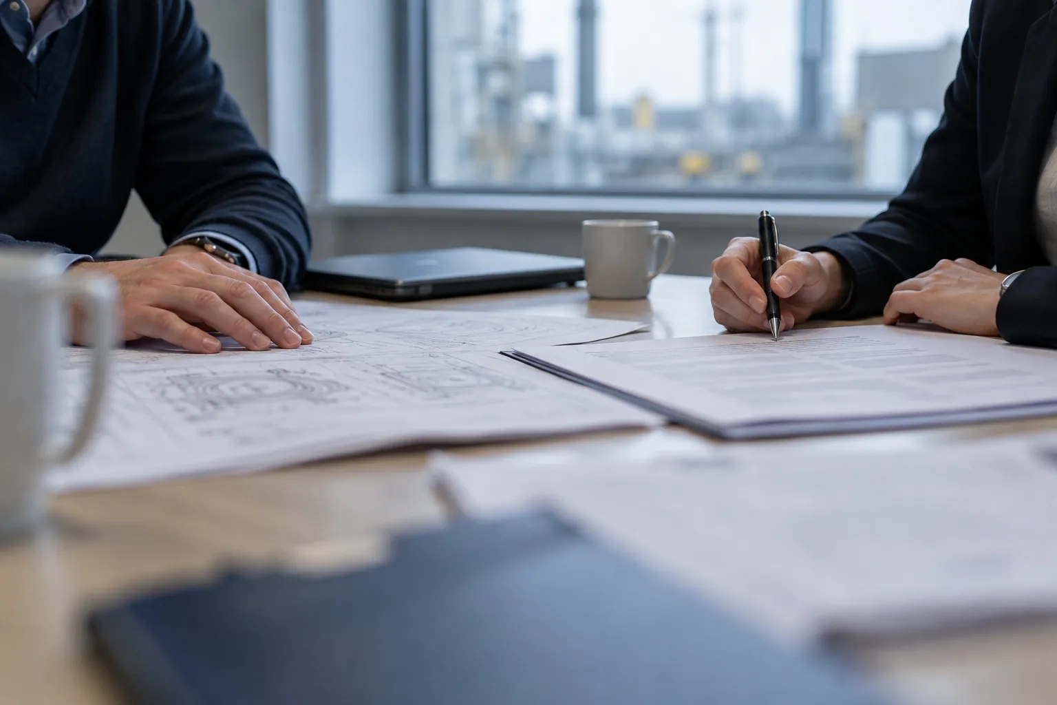 Twee mensen aan een vergadertafel met een technische specificatie en een contract, vlak voor de ondertekening