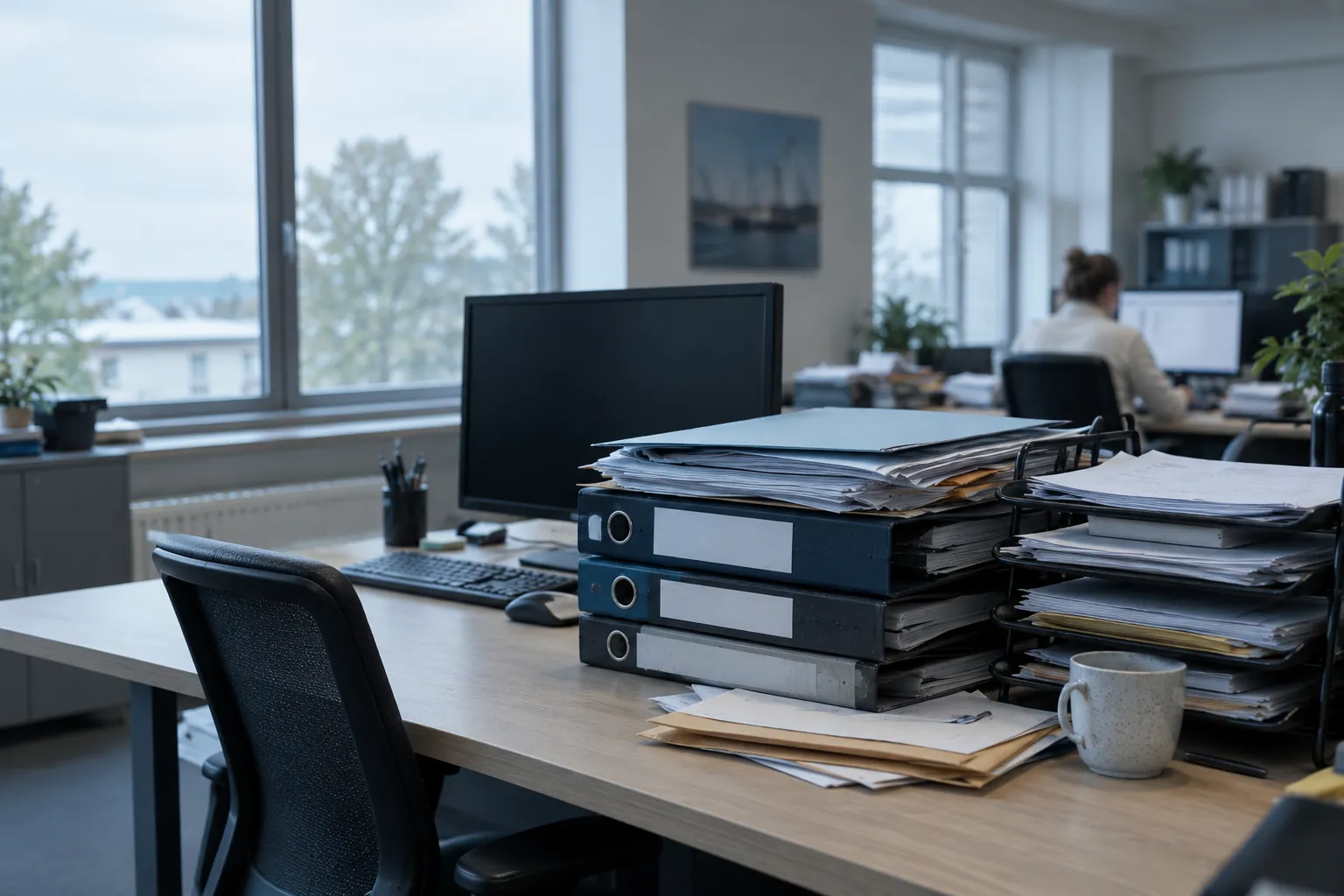 Leeg bureau van een inkoper met stapels ordners, contractmappen en een volle postbak; op de achtergrond werkt een collega door
