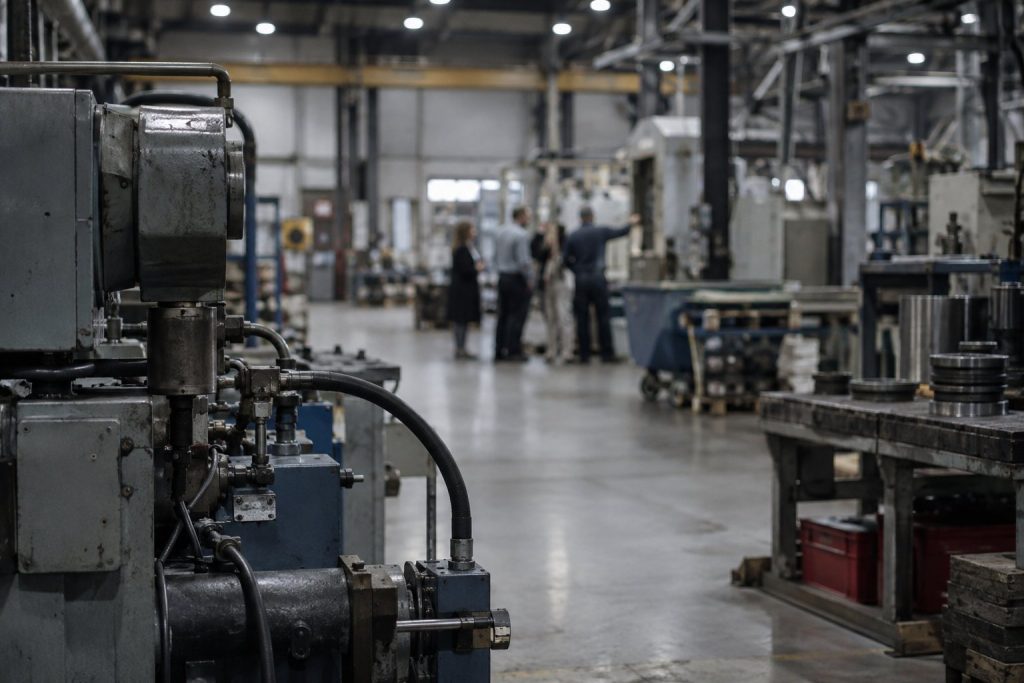 Machinepark met medewerkers in overleg op de achtergrond