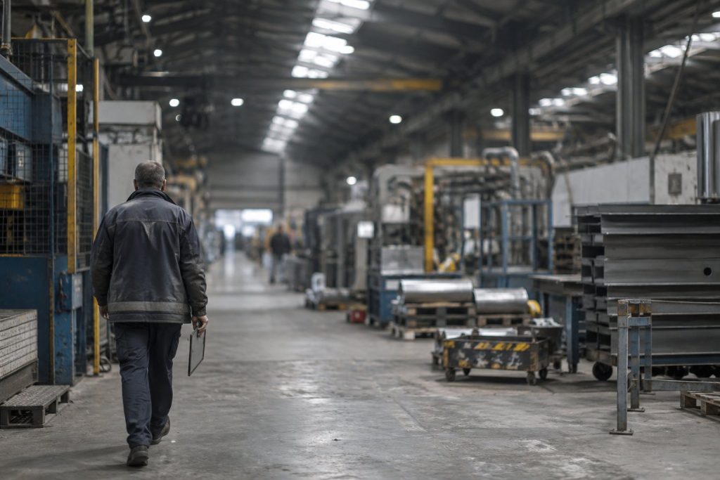 Medewerker loopt door een productiehal