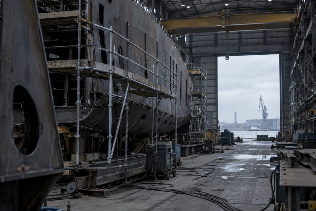 Scheepscasco in aanbouw op een scheepswerf