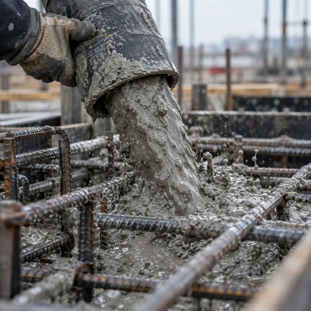 Beton wordt gestort tussen de wapening op een bouwplaats