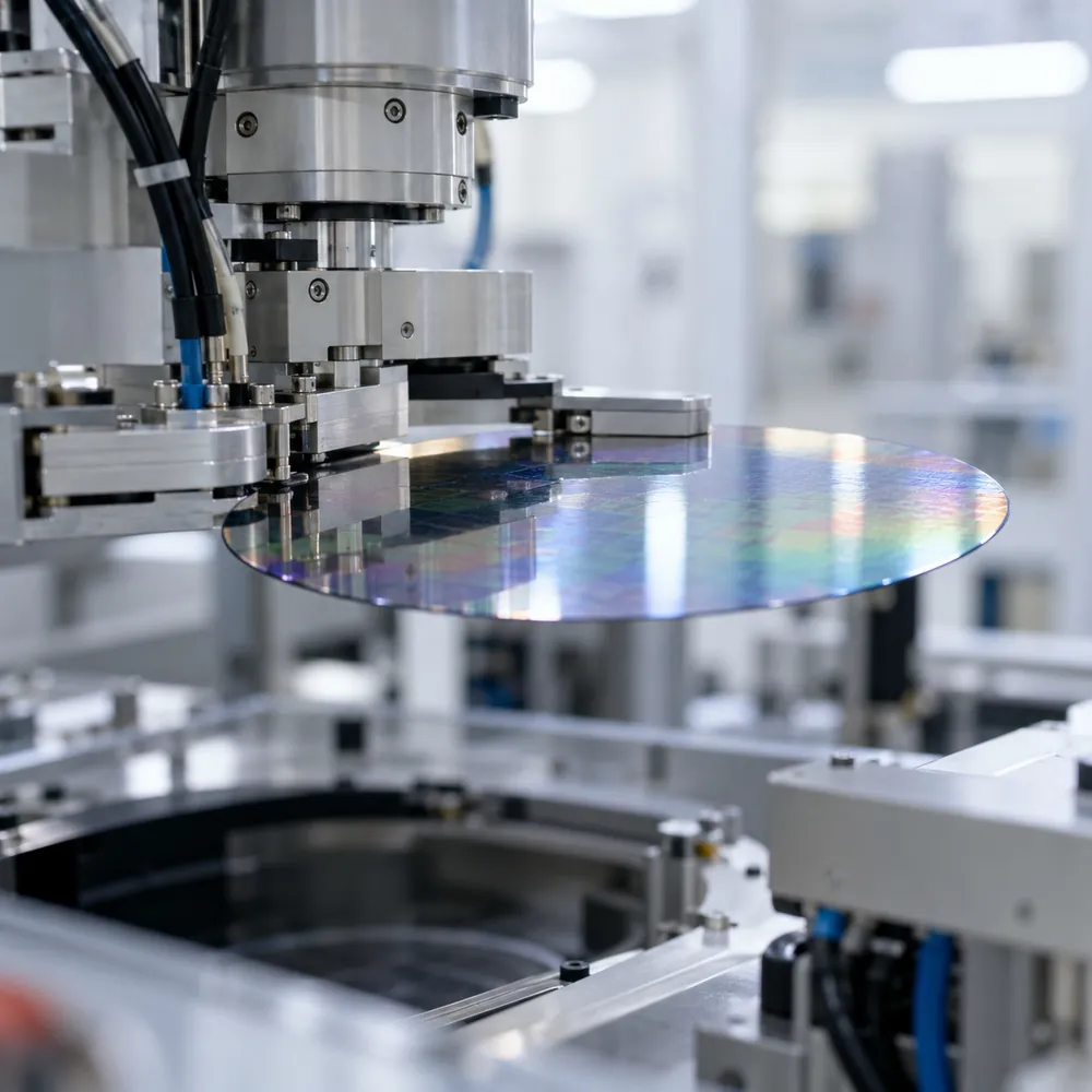 Robotarm houdt een siliciumwafer vast in een cleanroom
