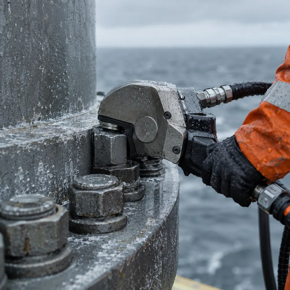 Hydraulische momentsleutel op de flensbouten van een offshore monopile